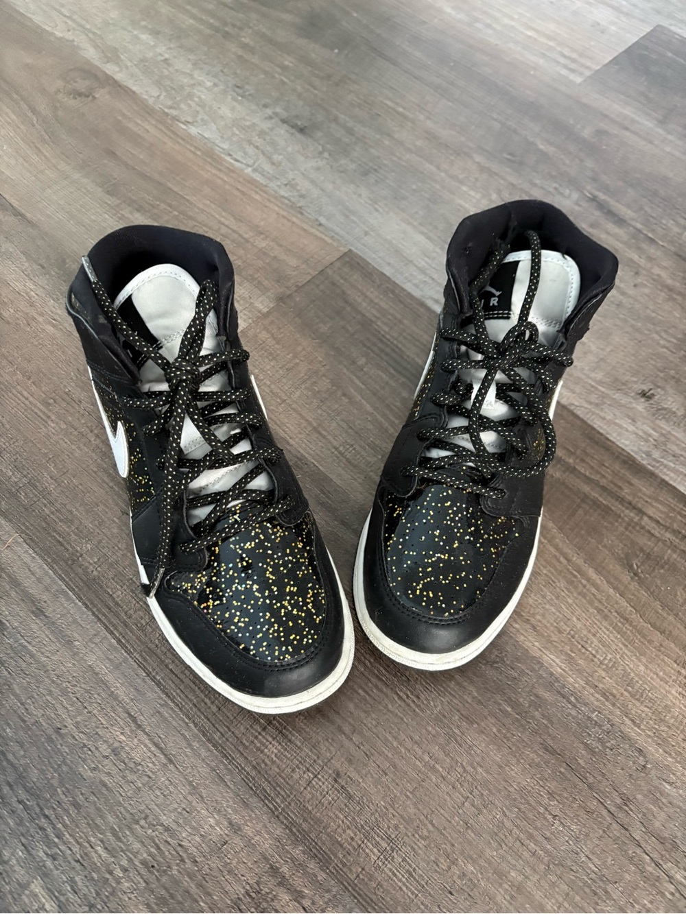 Jordan women’s Black High-Top Sneakers with White Swoosh and Gold Fleck - Picture 5 of 7
